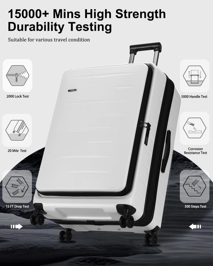 Expandable hard shell carry-on suitcase, front pocket for quick grab items & TSA security lock.