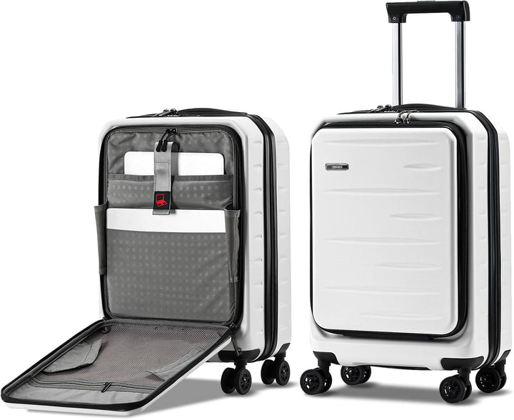 Modern hard shell carry-on with front pocket, spinner wheels, expandable feature & TSA lock.