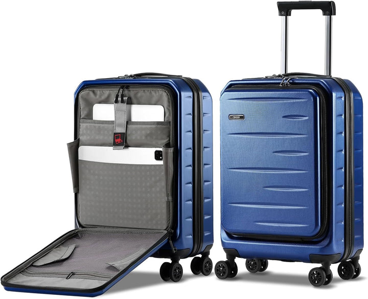 Sleek hard shell carry-on with front pocket, expandable capacity, smooth wheels & TSA lock.