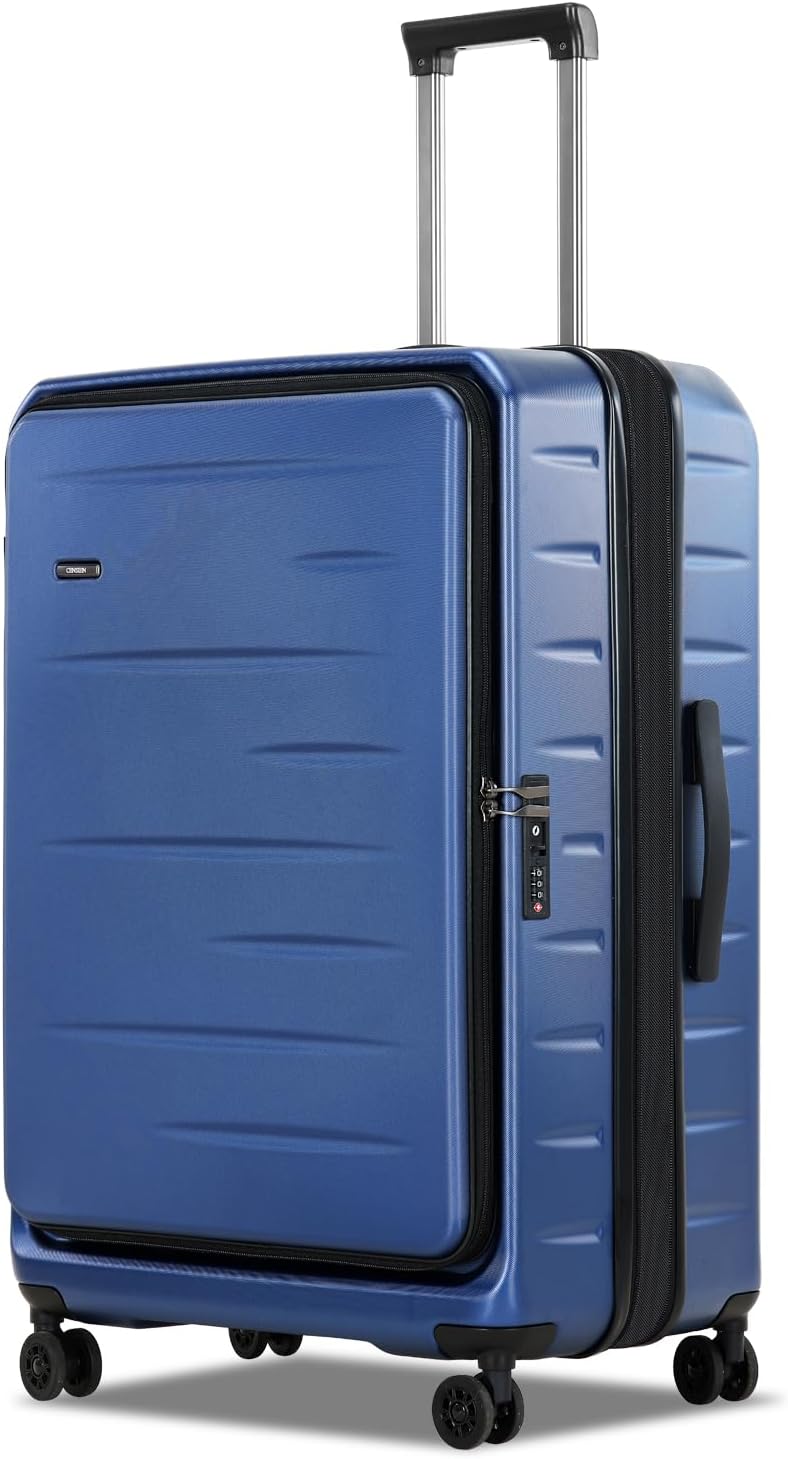 Robust expandable hard shell carry-on, ideal for short trips, with front pocket & TSA lock.