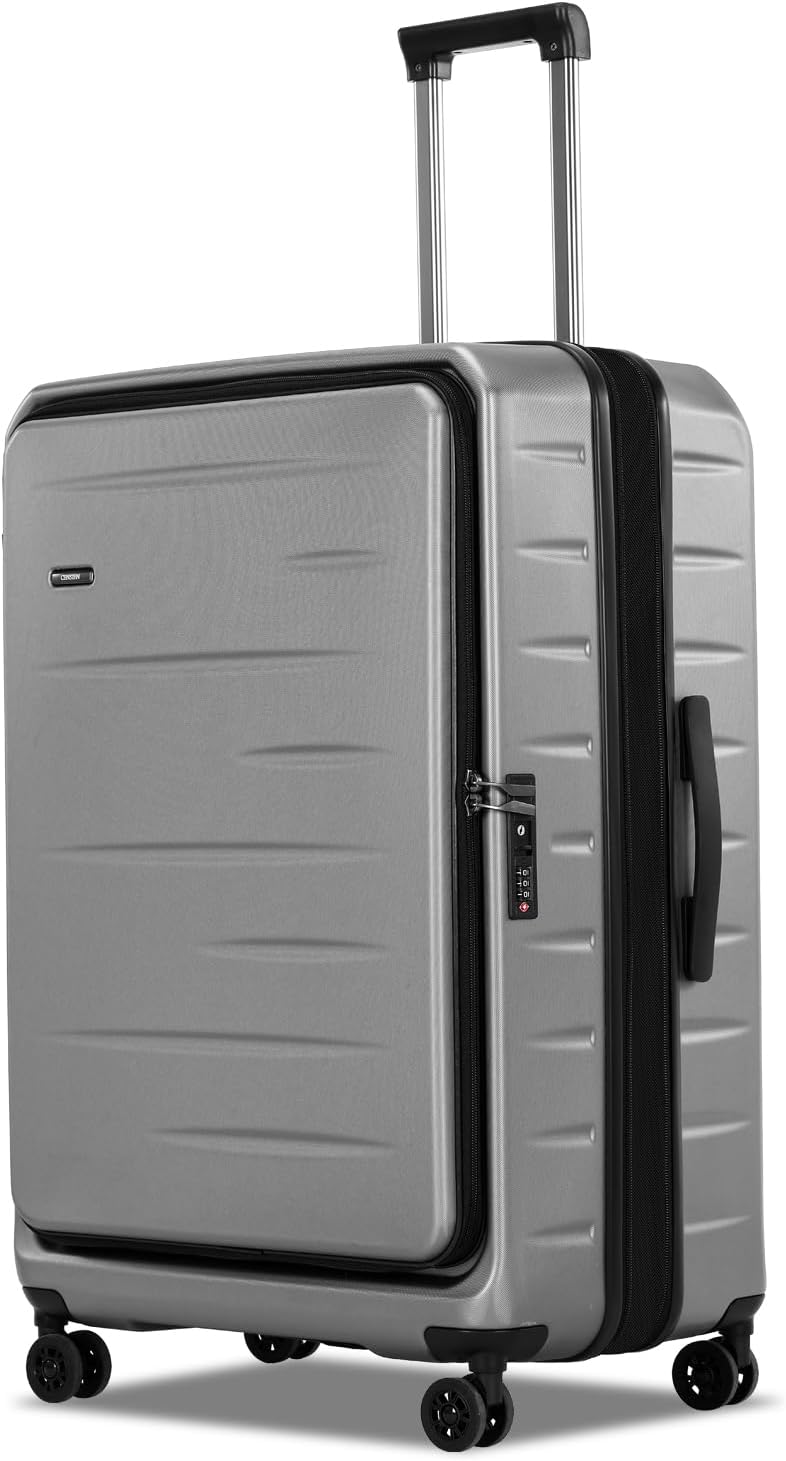 Modern unisex hard shell suitcase, expandable, with built-in TSA lock & external pocket.