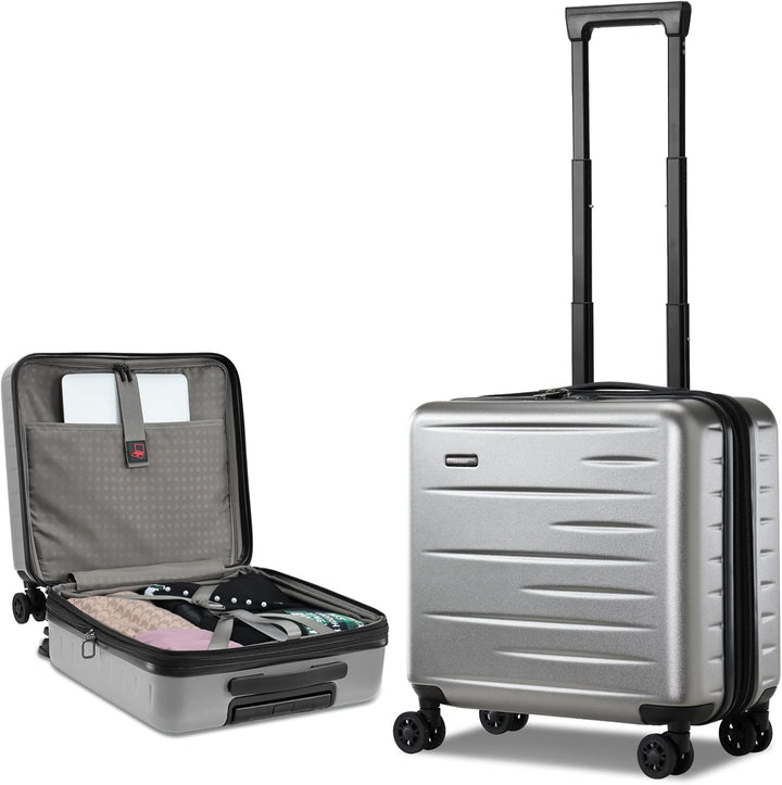 Travel-ready hard shell spinner carry-on, expandable, with a handy front pocket & TSA security.