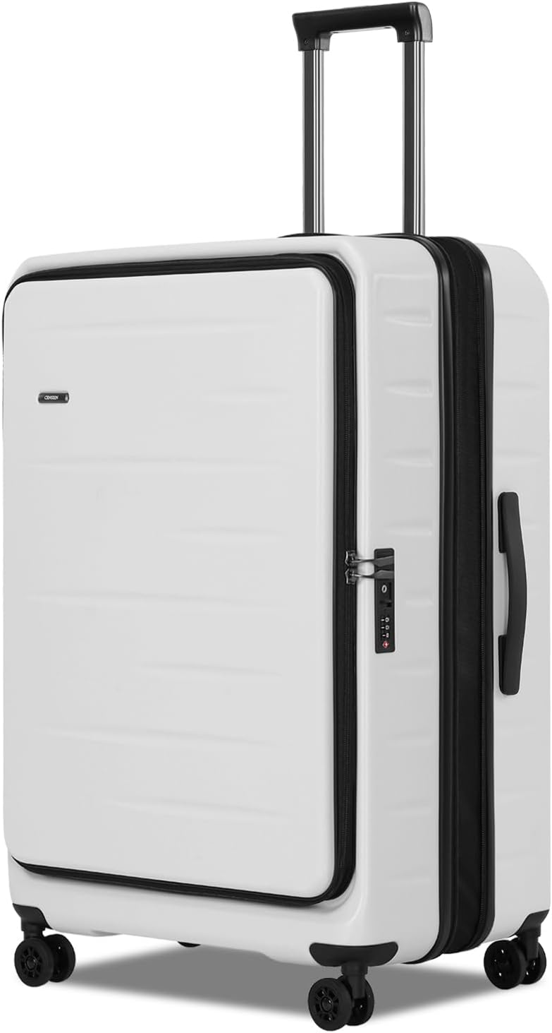 Secure & expandable hard shell carry-on luggage for travelers, featuring front pocket & TSA lock.