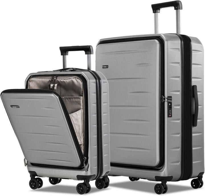 Lightweight hard shell carry-on travel bag, expandable, with front pocket for laptop & TSA lock.