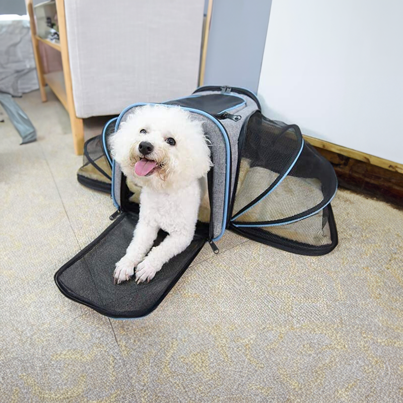 Unisex expandable pet travel carrier for dogs & cats. Soft-sided, breathable, and portable for comfortable journeys.