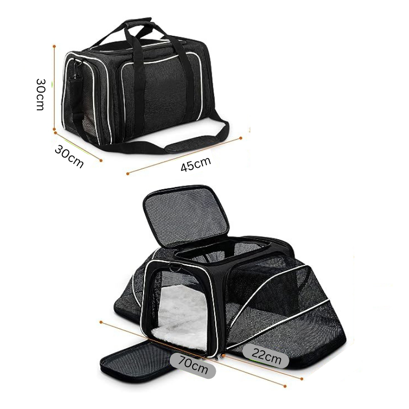 Portable pet carrier for dogs & cats. Expandable, breathable soft-sided design ensures comfortable and secure travel.