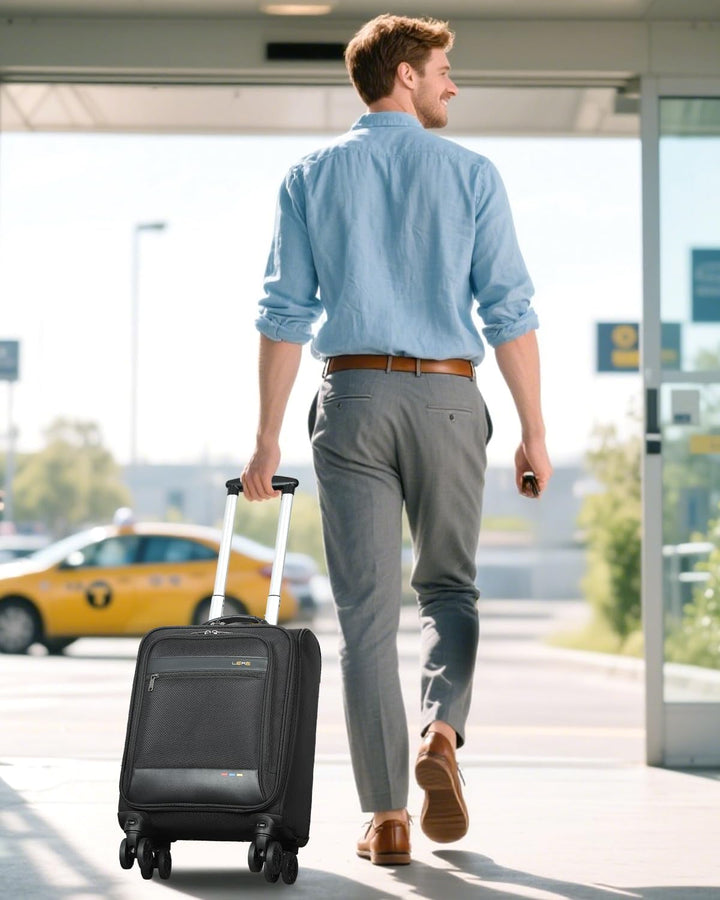 Lightweight unisex carry-on suitcase for business travel or weekend trips, features expandable design & spinner wheels.