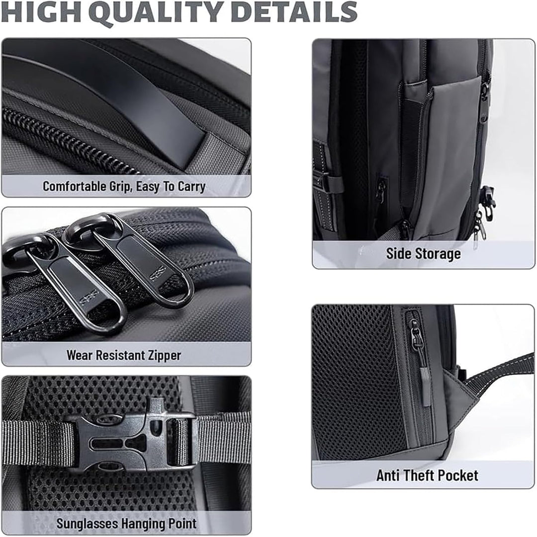 Compression travel backpack with wet compartment, anti-theft lock, perfect for unisex vacation luggage.