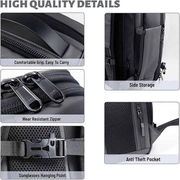 Compression travel backpack with wet compartment, anti-theft lock, perfect for unisex vacation luggage.