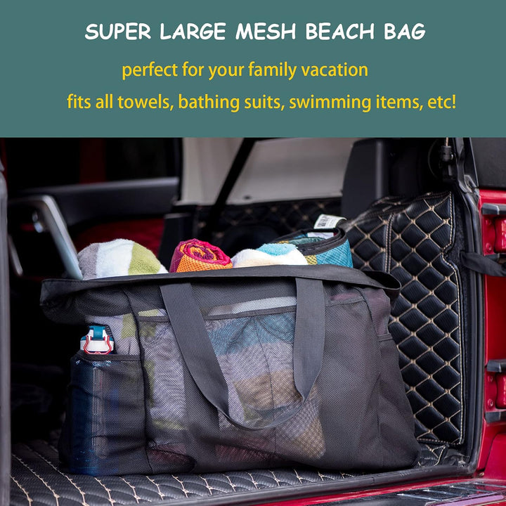 Sandproof mesh beach tote bag. Extra-large family carryall with secure zipper for beach, pool, and travel.