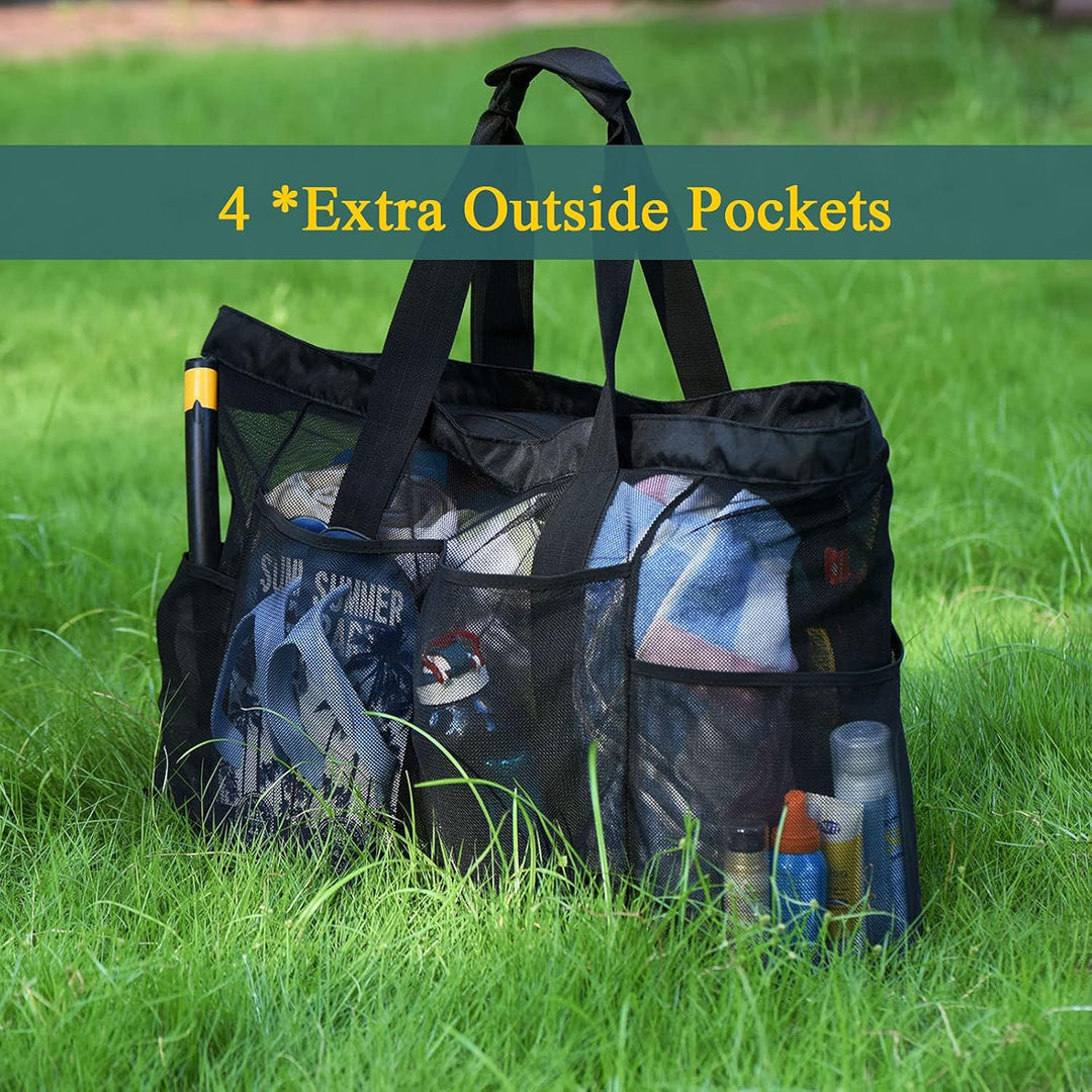 Unisex extra-large mesh tote, perfect for beach & pool. Sandproof, zippered carryall for towels & essentials.