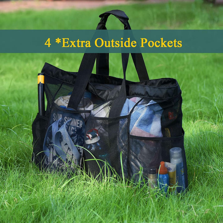 Unisex extra-large mesh tote, perfect for beach & pool. Sandproof, zippered carryall for towels & essentials.