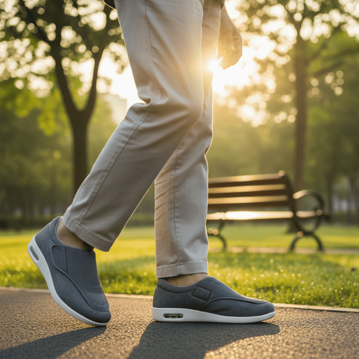 Pressure-relieving extra wide unisex shoes with memory foam, ideal for diabetic foot care.