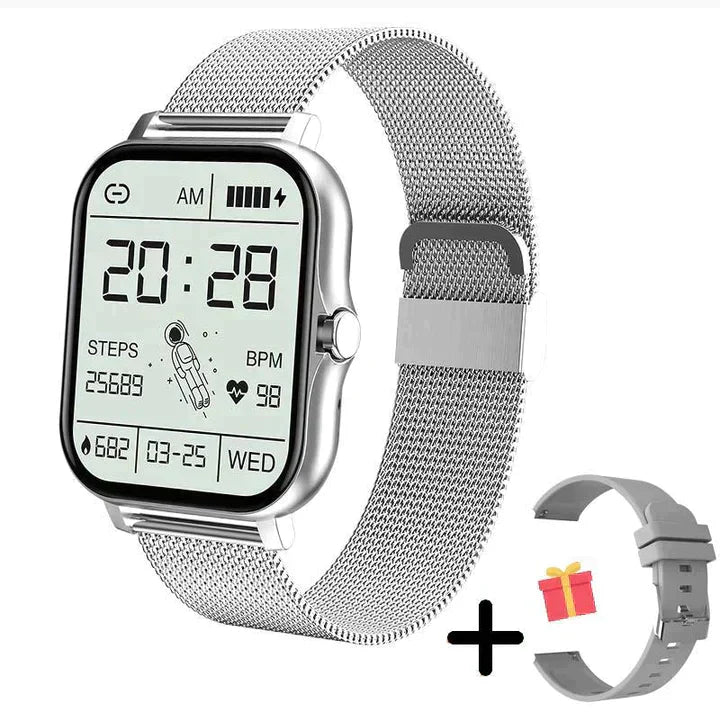 Silver waterproof smart watch, unisex. Advanced fitness tracker with Bluetooth calling & detailed health monitor tech.