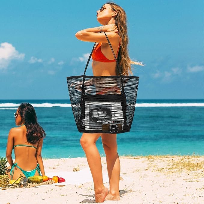 Unisex foldable mesh beach tote bag for easy travel & storage of summer essentials.