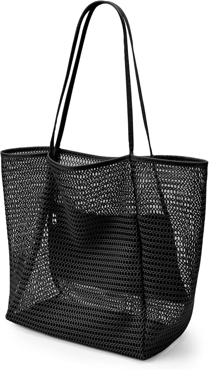 Quick-dry mesh beach tote with secure inner pocket, perfect for sandy adventures.