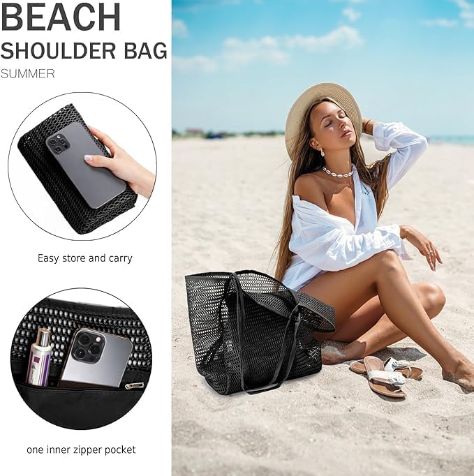 Spacious unisex mesh beach bag for travel, picnics, & summer outings. Sand-proof design.