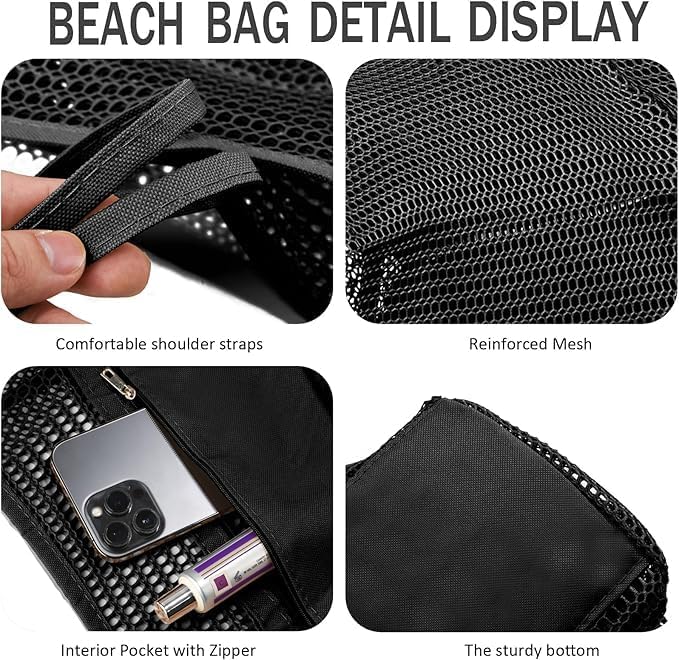 Foldable unisex mesh beach tote bag. Sand-proof, quick-dry & includes an inner pocket for essentials.