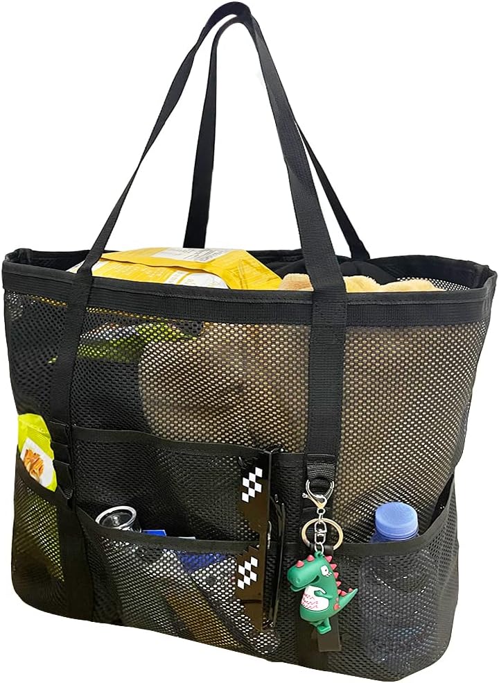 Unisex foldable mesh beach tote with 9 pockets, perfect for family pool days & travel.