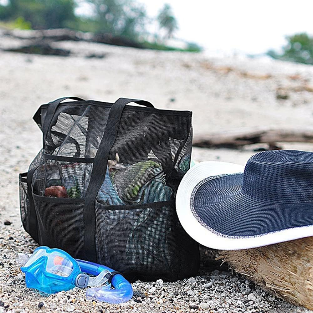 Spacious mesh beach tote bag with 9 pockets for all your family's outdoor essentials, foldable for travel.