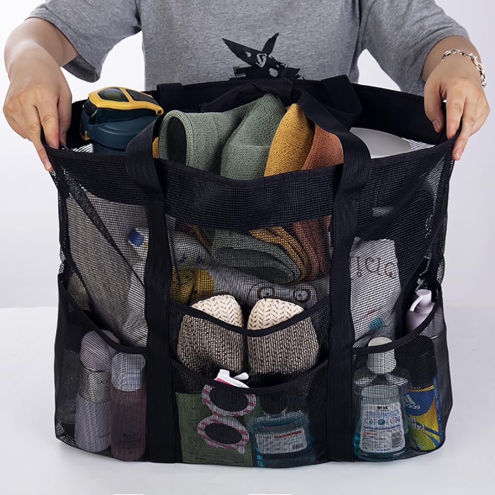 Lightweight, foldable mesh beach bag & organizer with 9 pockets for pool, travel, and family outings.