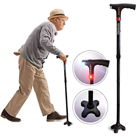 Unisex foldable walking cane with bright LED light & stable non-slip base for enhanced mobility & safety.