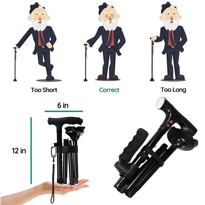 Compact, foldable walking cane in collapsed state, highlighting portability, with LED & non-slip base.