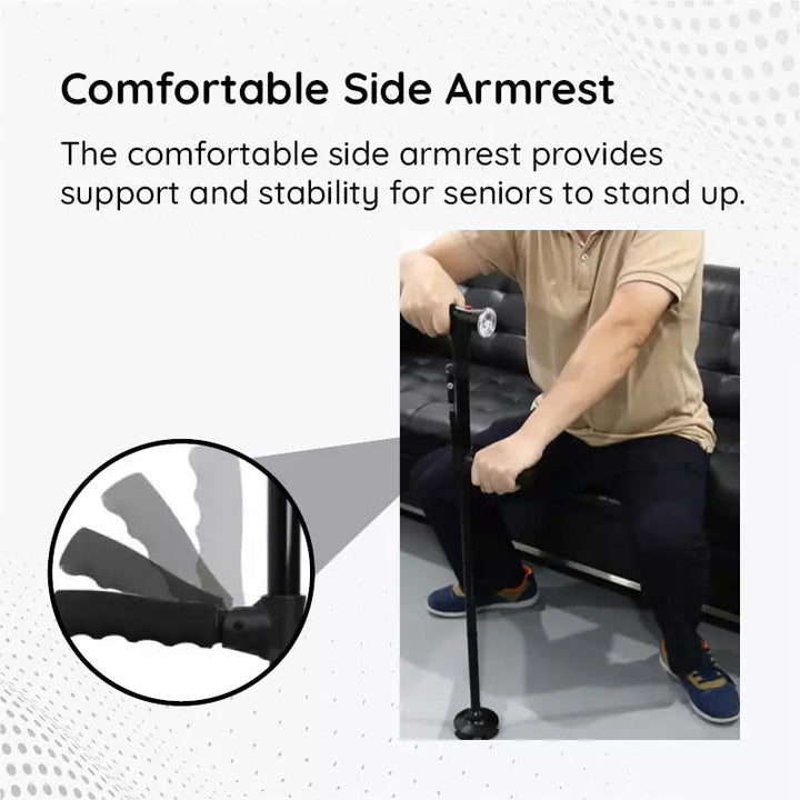 Extended foldable walking cane, ready for use, with LED light on the handle & a wide non-slip base.