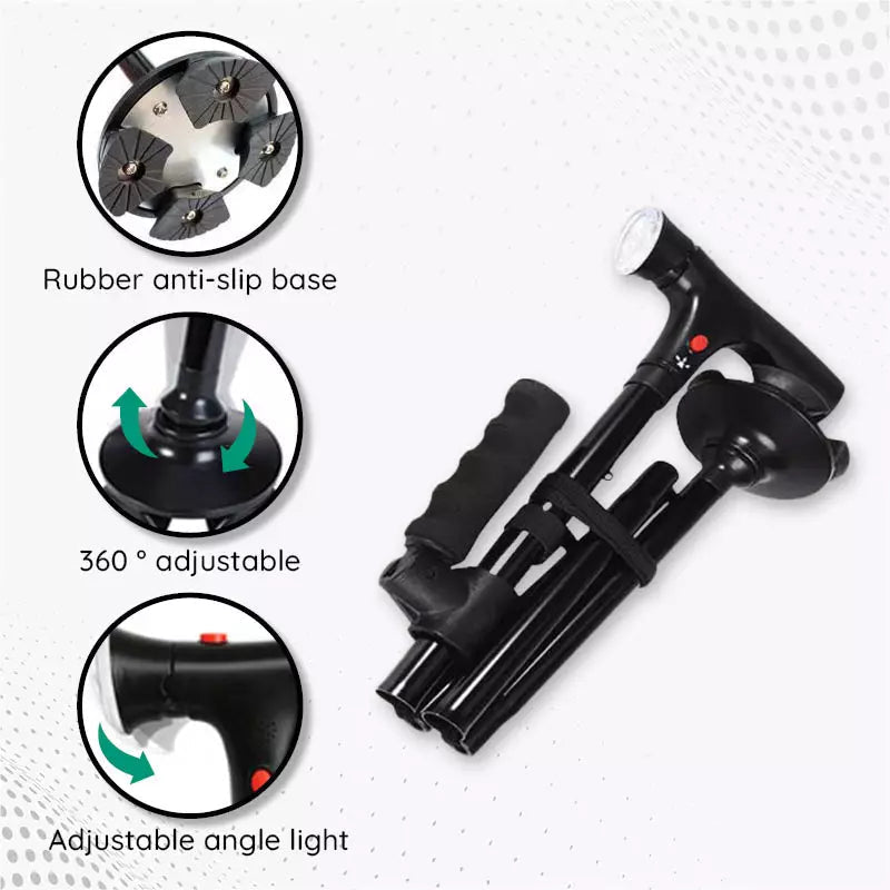 Unisex mobility aid: a black foldable walking cane, featuring a powerful LED light & non-slip support.