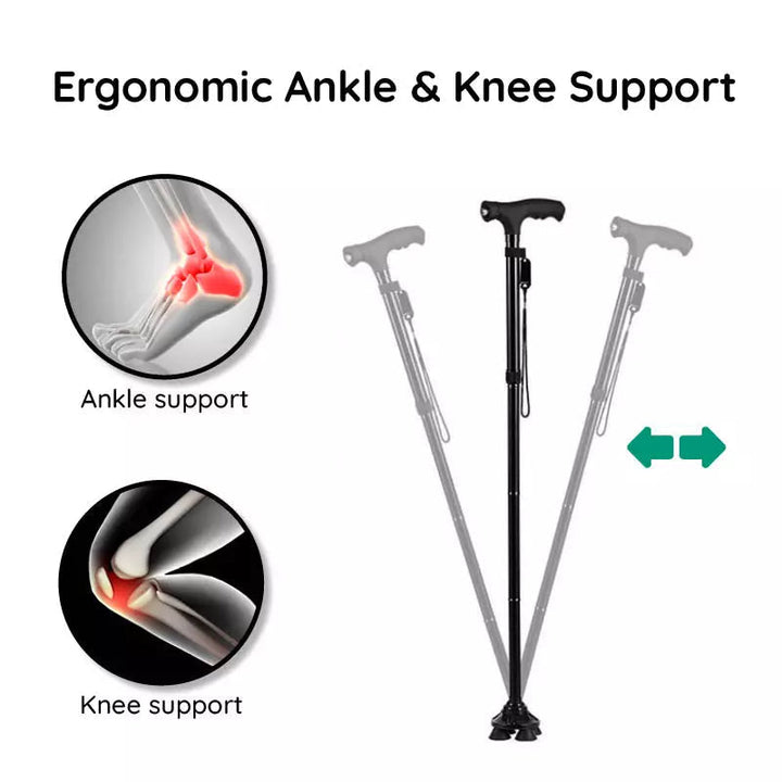 Senior walking stick: foldable, adjustable height, with an LED light for night visibility & non-slip base.