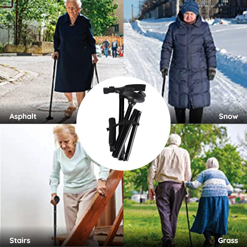 Portable folding cane with LED light, providing ultimate stability through its non-slip multi-tip base.