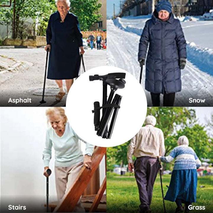 Portable folding cane with LED light, providing ultimate stability through its non-slip multi-tip base.