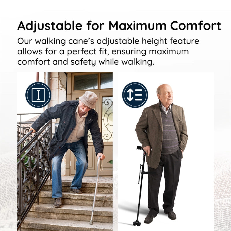 Portable walking aid: black foldable cane with LED light, providing stability & support with a non-slip base.