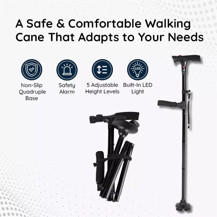 Senior support device: unisex walking cane, foldable with LED illumination & sturdy non-slip rubber tip.