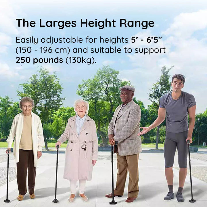 Assistive device: black, height-adjustable walking stick with integrated LED light & secure non-slip foot.