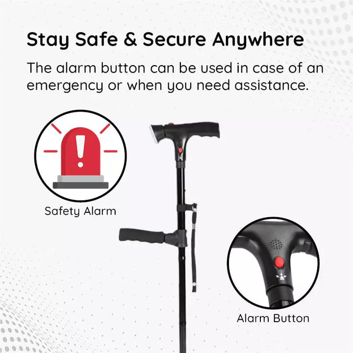 Ergonomic handle of a foldable walking cane with LED light, demonstrating comfortable grip & non-slip base.