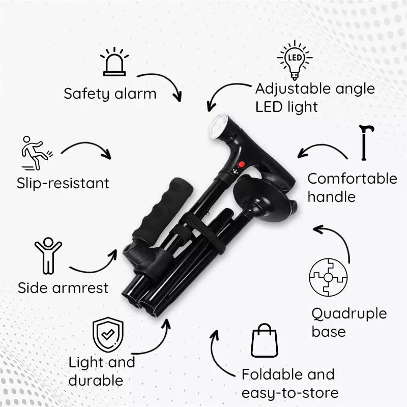 Non-slip base of a foldable walking cane, showing stability & flexibility on various terrains with LED.