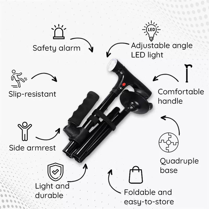 Non-slip base of a foldable walking cane, showing stability & flexibility on various terrains with LED.