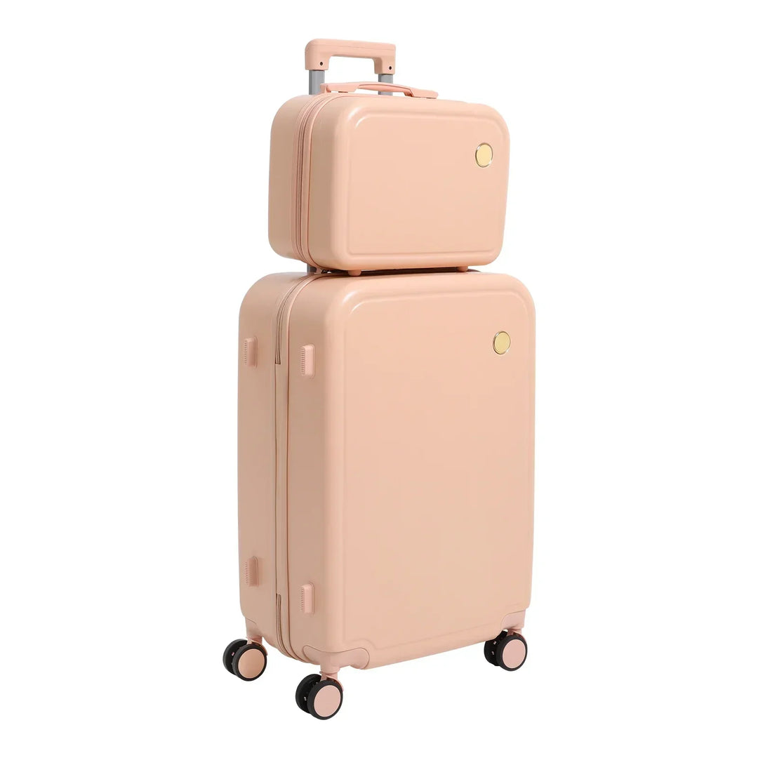Secure hard shell luggage set with integrated lock, spinner wheels, and a matching cosmetic bag.