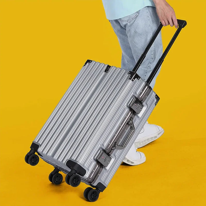 Perfect travel companion: durable hard shell luggage with secure aluminum frame design.