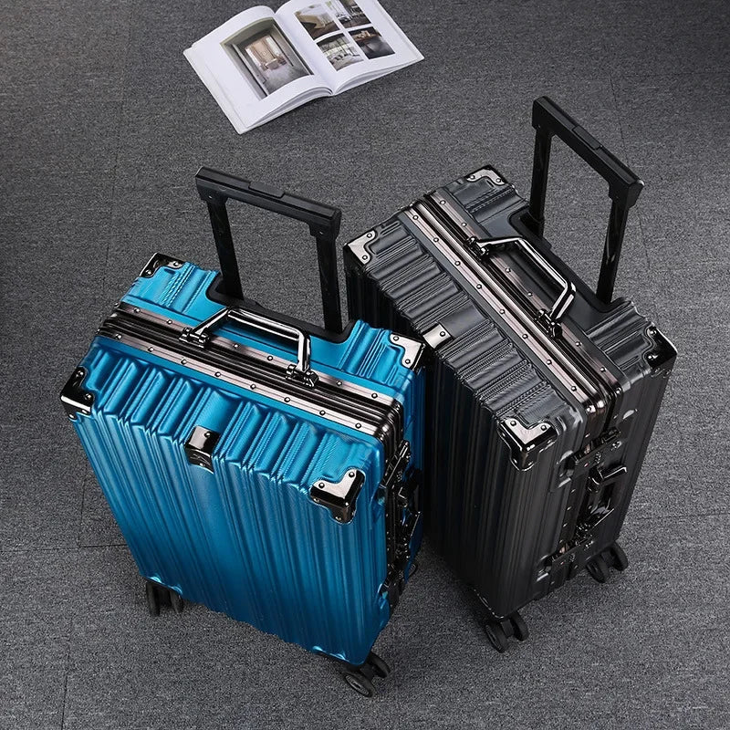 Rolling aluminum frame hard shell spinner suitcase, durable for secure unisex travel.