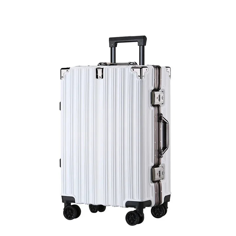 Sleek aluminum frame hard shell suitcase for modern, secure unisex travel accessories.