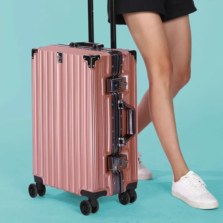 Protective hard shell luggage with aluminum frame, keeping your items secure during travel.
