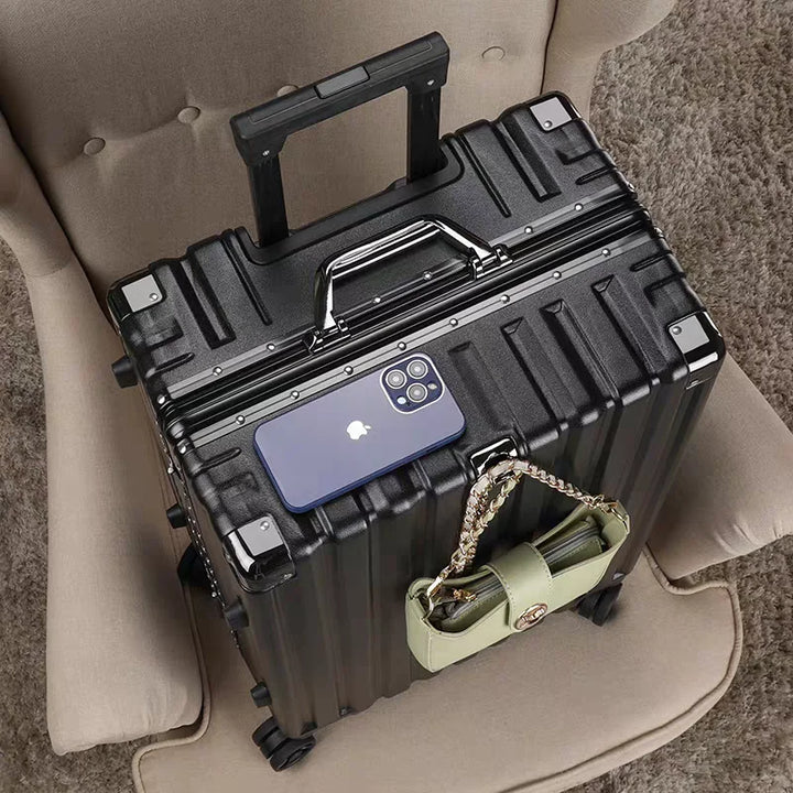 Business travel ready hard shell suitcase with aluminum frame, durable & secure.