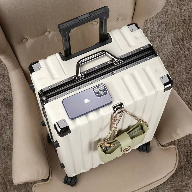 Versatile unisex hard shell travel suitcase with aluminum frame, ideal for any journey.