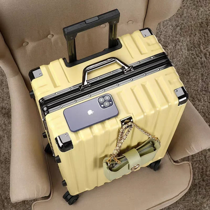 Secure TSA lock on a durable hard shell travel suitcase with a strong aluminum frame for peace of mind.