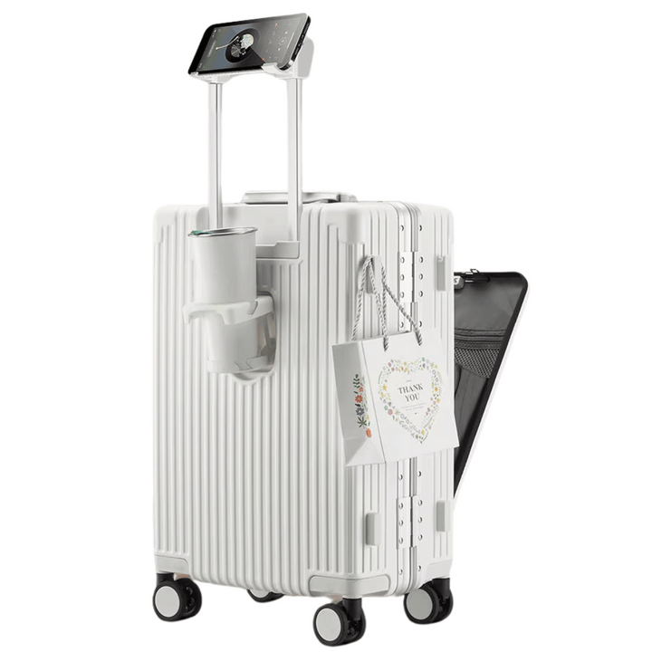 Unisex hardshell carry-on luggage, Manhattan Pro, with smart features & portable charger for modern travel.