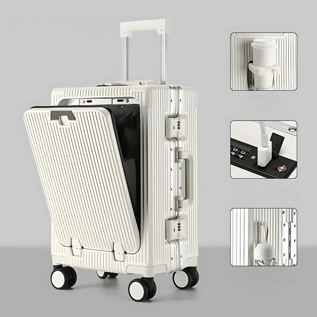 Smart hardshell carry-on luggage for convenient travel, featuring charging & organizational pockets.