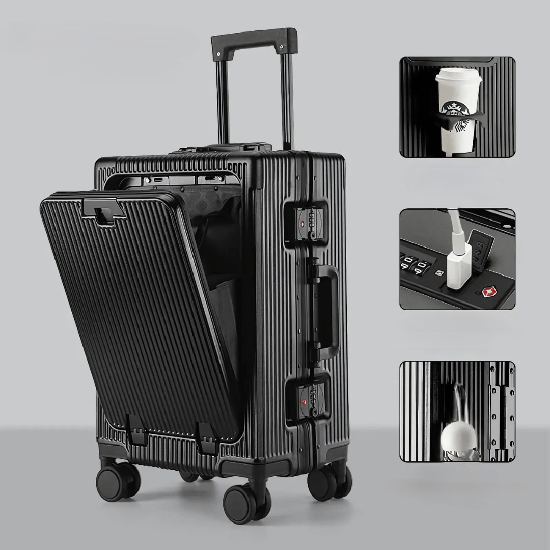 Portable hardshell carry-on with smart features for effortless travel, including charger access.