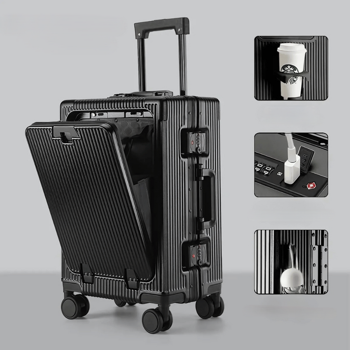 Portable hardshell carry-on with smart features for effortless travel, including charger access.